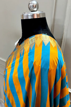 Firozi and Mustard Stripe Plain Satin Silk Banarasi Saree