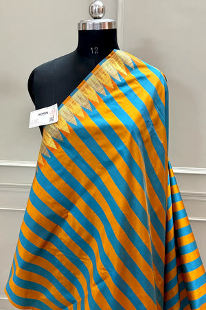 Firozi and Mustard Stripe Plain Satin Silk Banarasi Saree