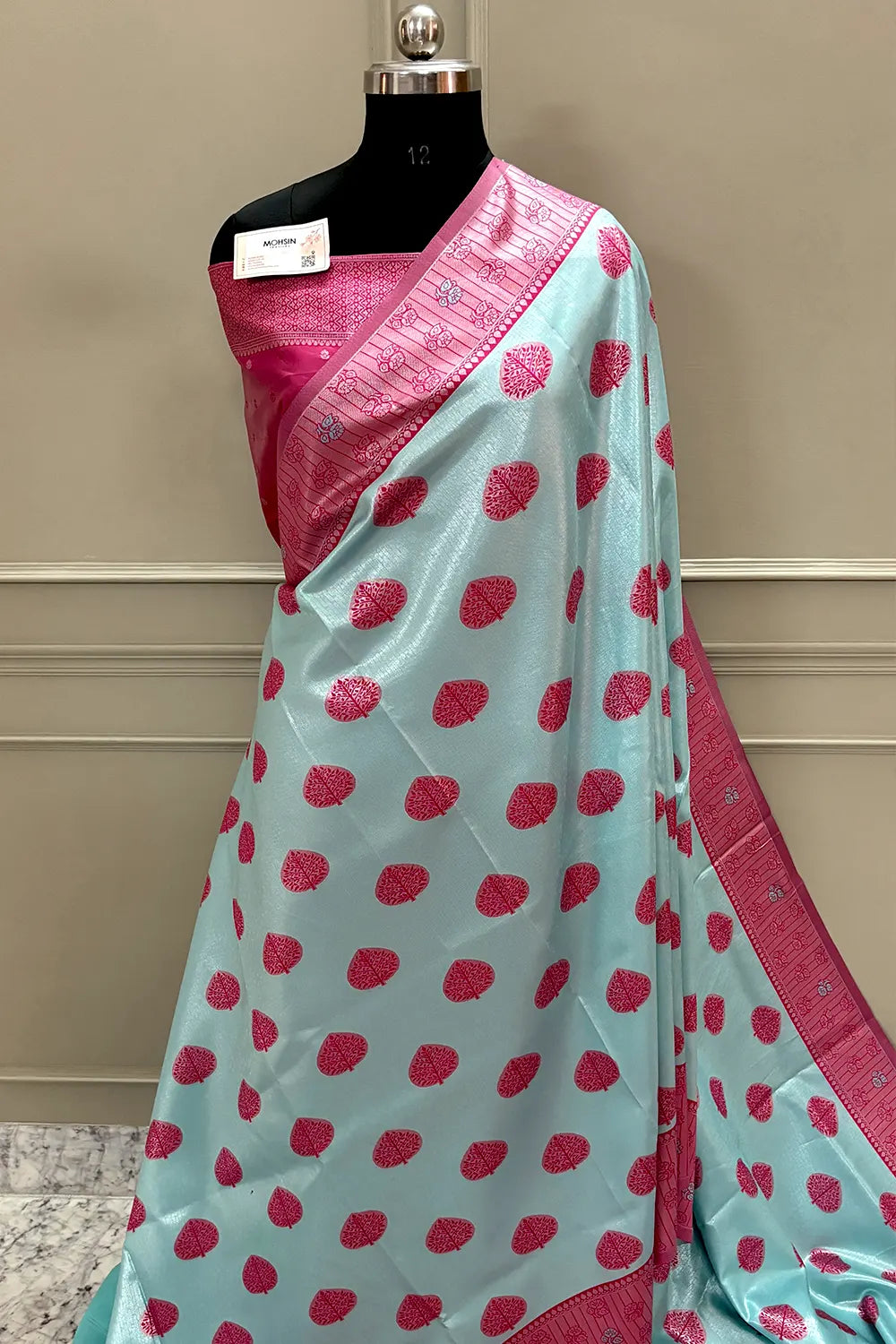 Firozi and Pink Resham Zari Banarasi Silk Saree