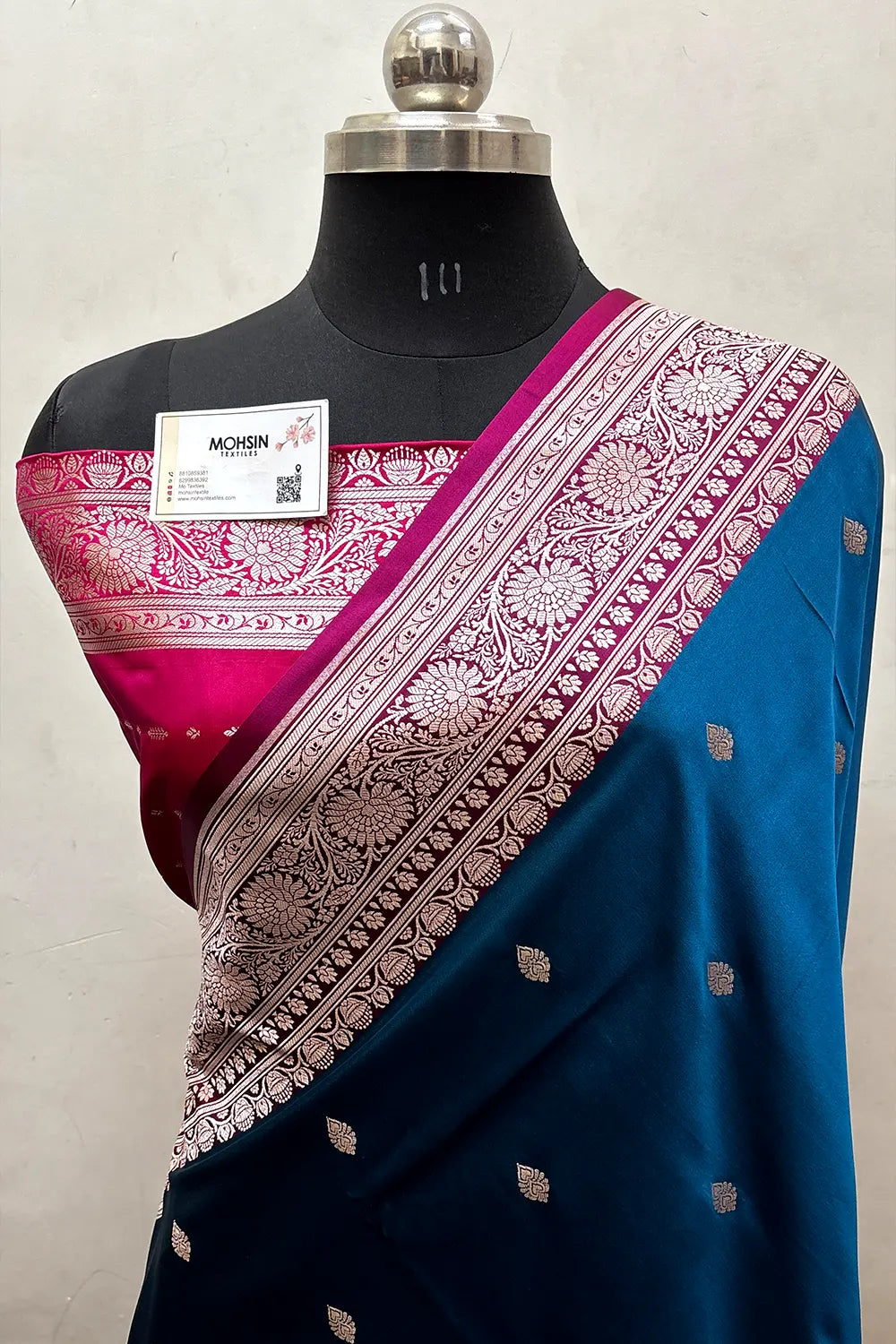 Firozi and Pink Zari Katan Mashru Silk Banarasi Saree
