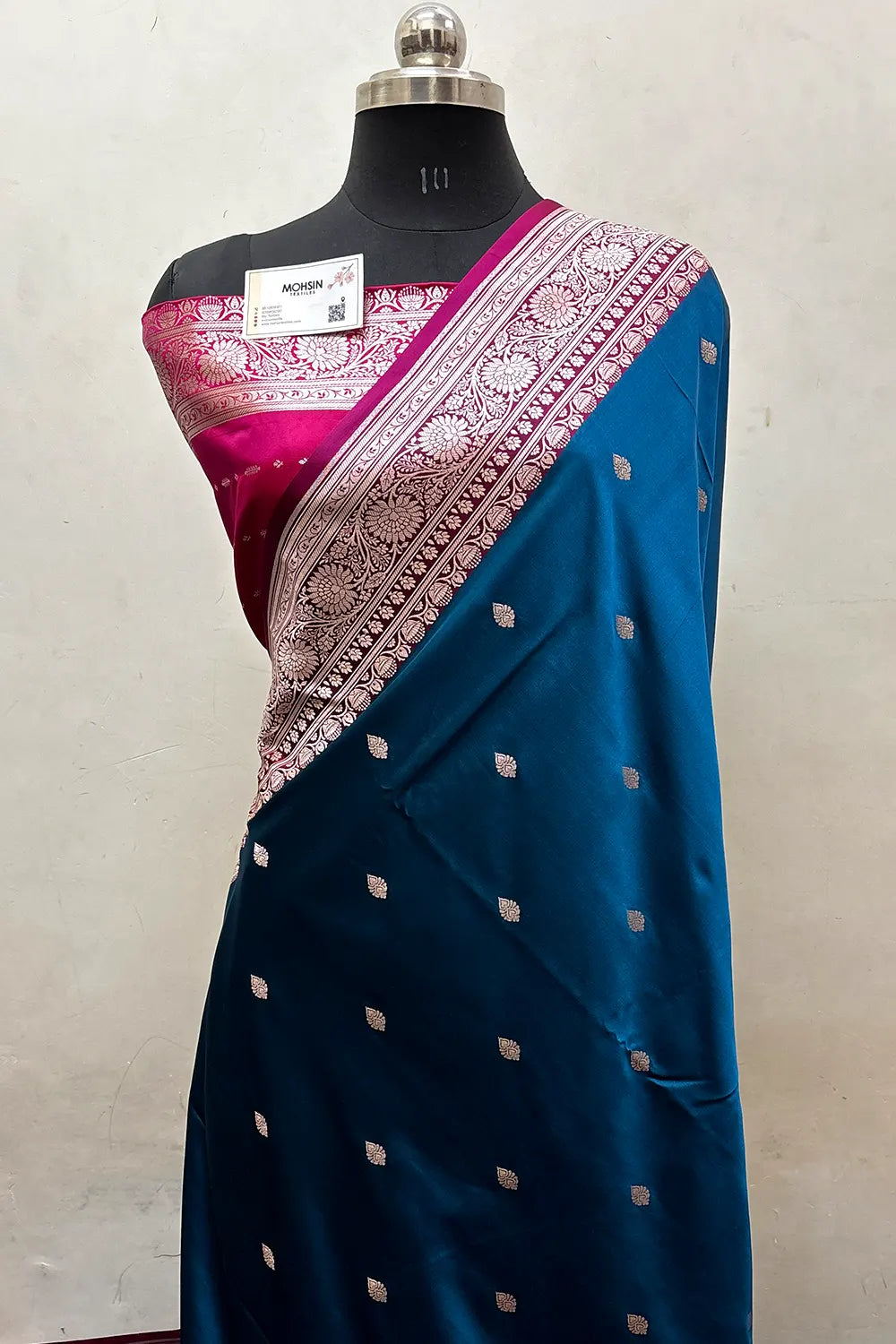 Firozi and Pink Zari Katan Mashru Silk Banarasi Saree