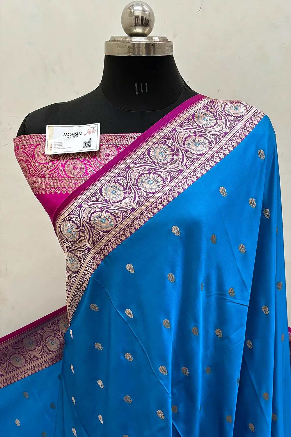Firozi and Pink Zari Katan Mashru Silk Banarasi Saree