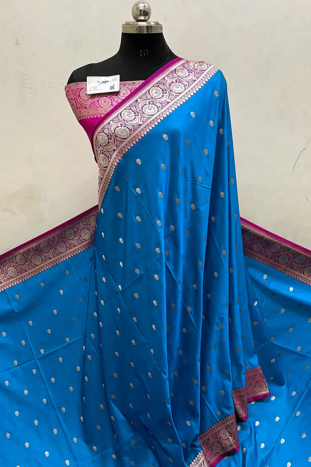 Firozi and Pink Zari Katan Mashru Silk Banarasi Saree