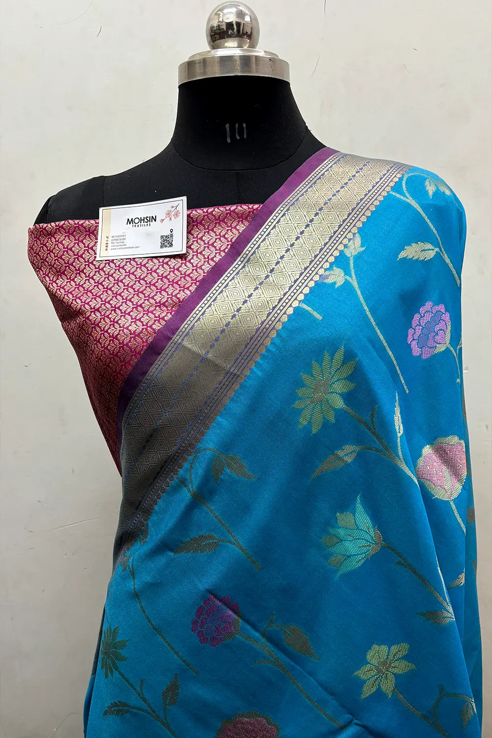 Firozi and Pink Zari Katan Silk Banarasi Saree