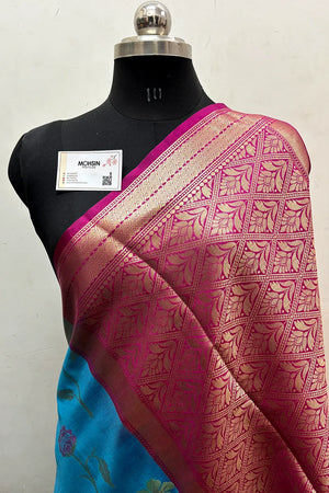 Firozi and Pink Zari Katan Silk Banarasi Saree