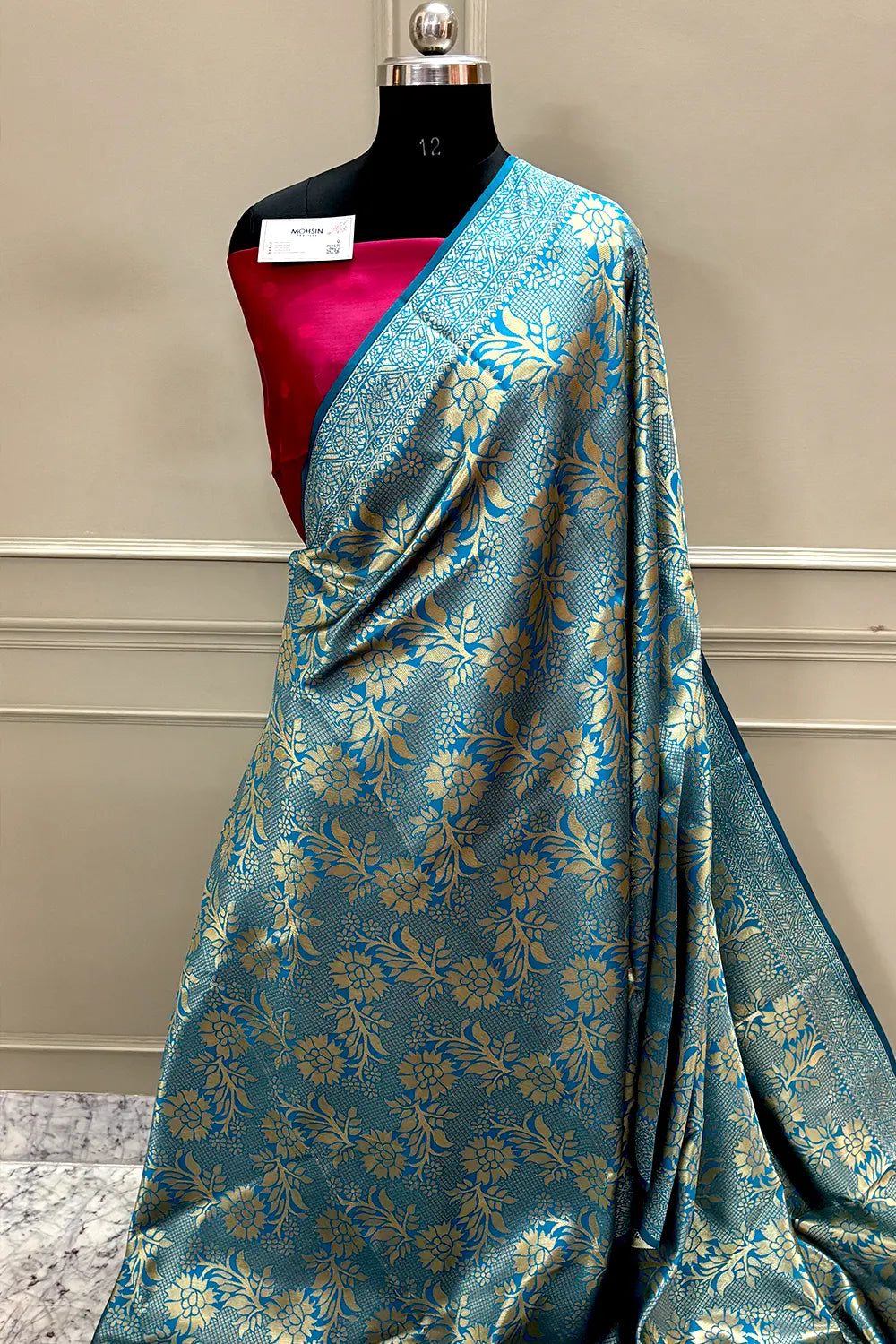 Firozi and Red Zari Banarasi Silk Saree
