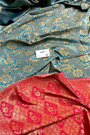 Firozi and Red Zari Banarasi Silk Saree
