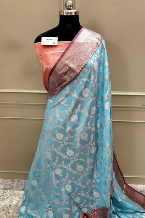 Firozi and Red Zari Banarasi Silk Saree