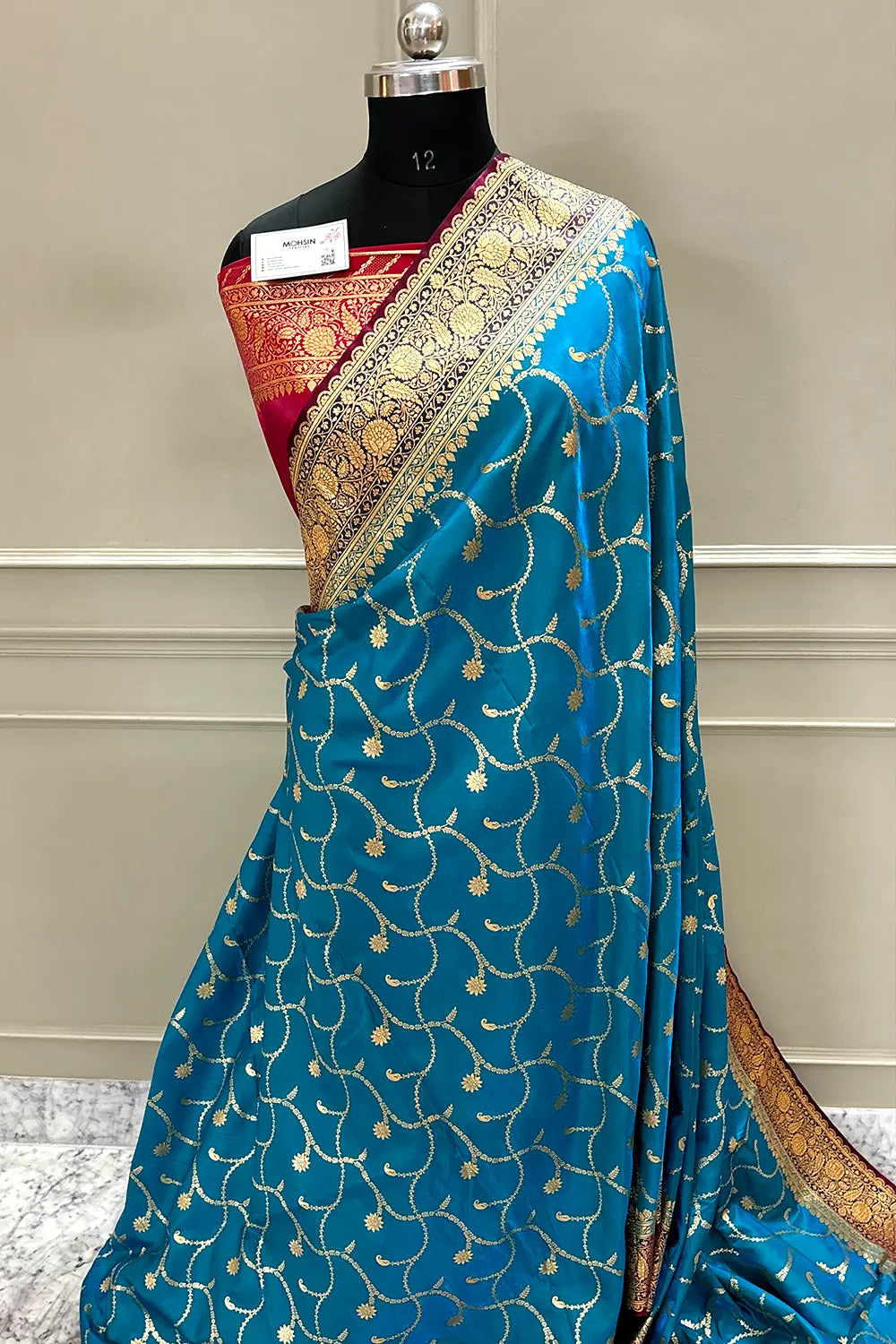 Firozi and Red Zari Katan Silk Banarasi Saree