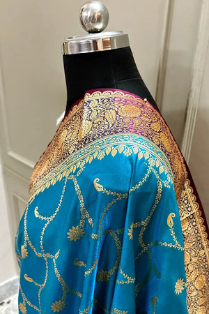 Firozi and Red Zari Katan Silk Banarasi Saree