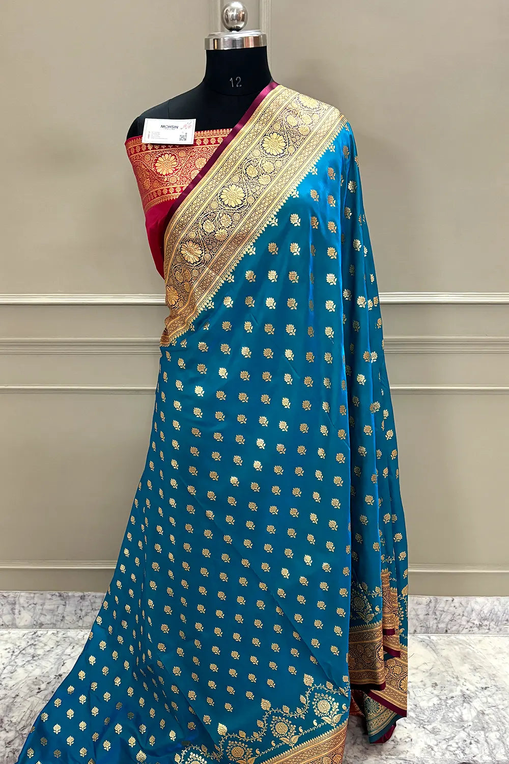 Firozi and Red Zari Katan Silk Banarasi Saree