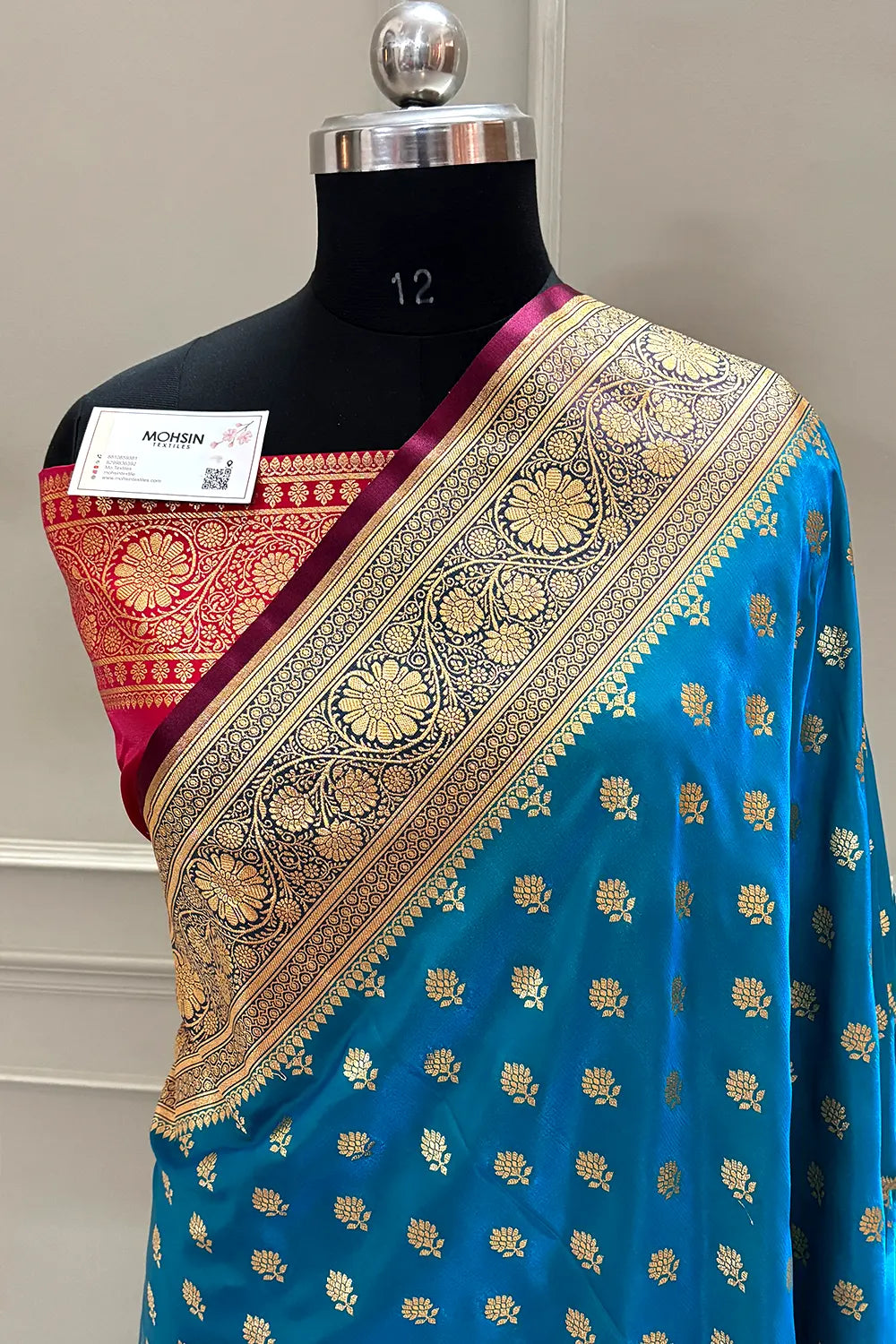 Firozi and Red Zari Katan Silk Banarasi Saree