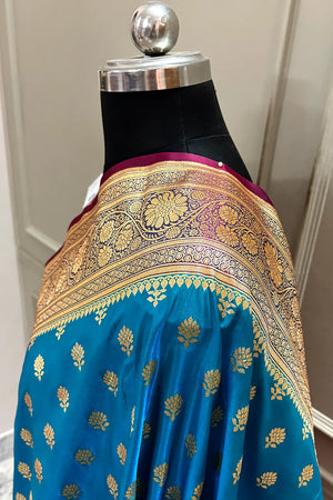 Firozi and Red Zari Katan Silk Banarasi Saree