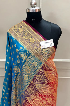 Firozi and Red Zari Katan Silk Banarasi Saree