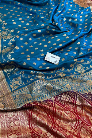 Firozi and Red Zari Katan Silk Banarasi Saree