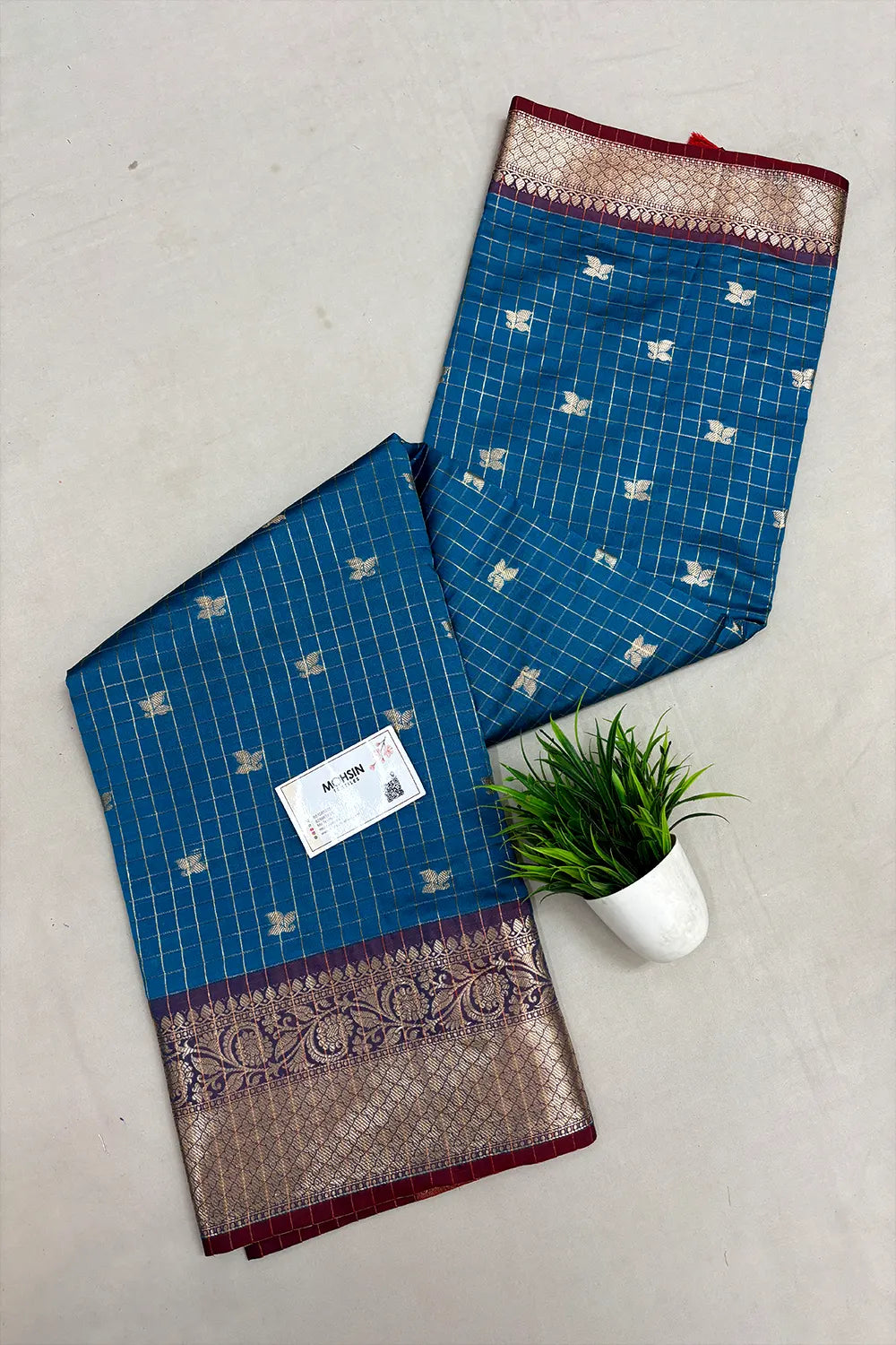 Firozi and Red Zari Semi Katan Silk Banarasi Saree