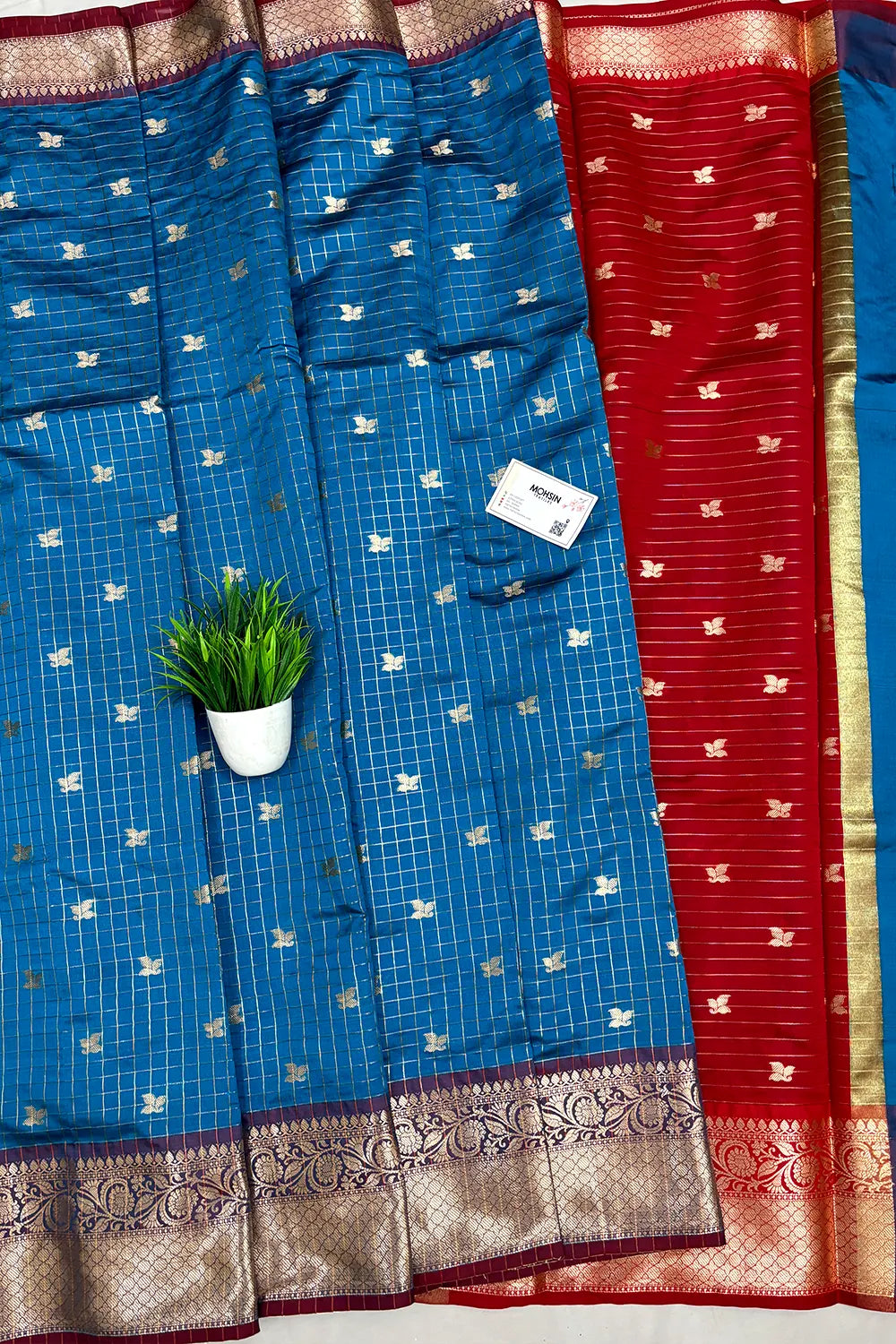 Firozi and Red Zari Semi Katan Silk Banarasi Saree
