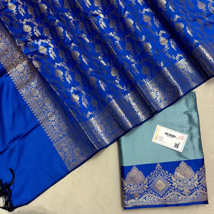 Firozi and Royal Blue Plain Semi Katan Silk Banarasi Silk Suit