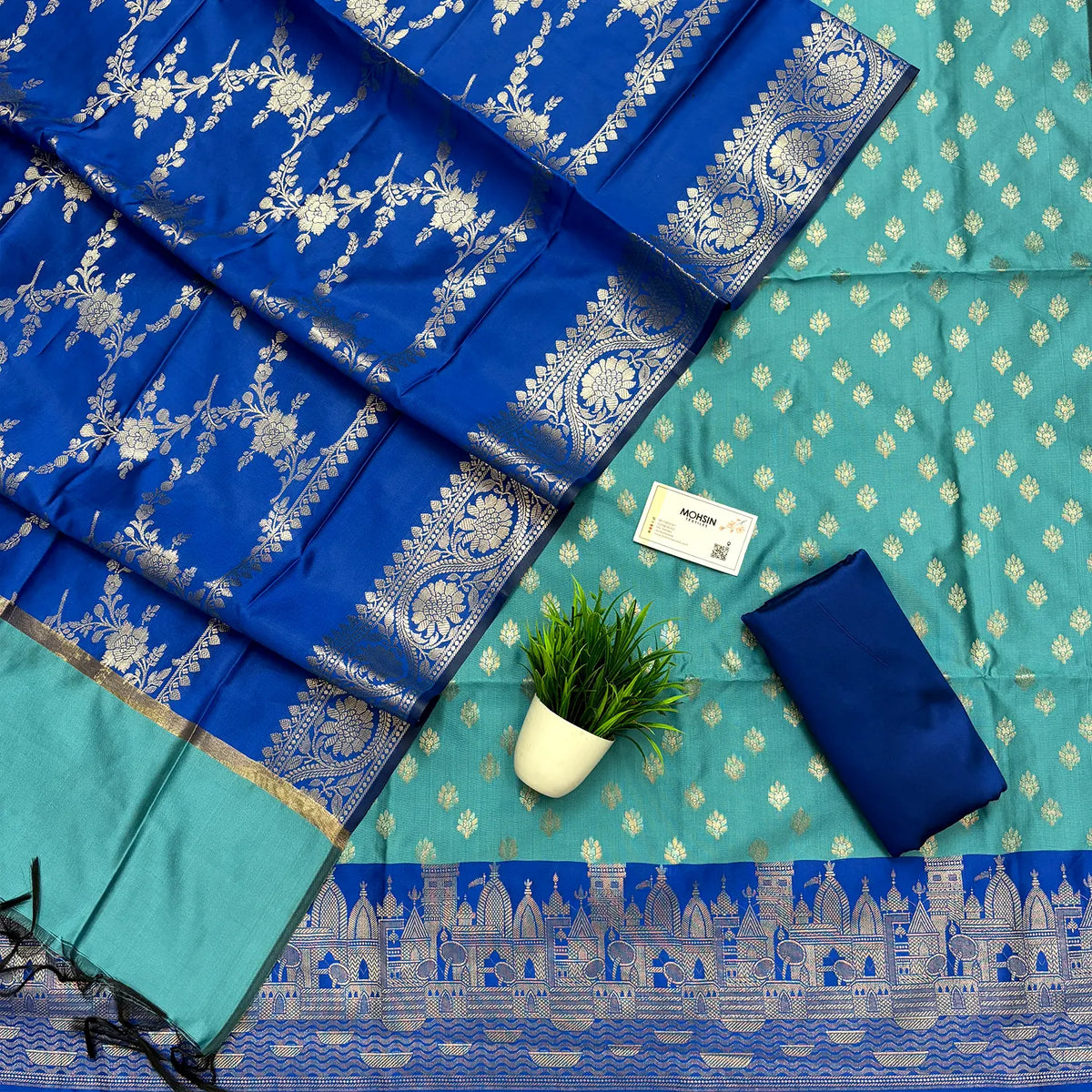 Firozi and Royal Blue Ghat Buti Semi Katan Silk Banarasi Suit