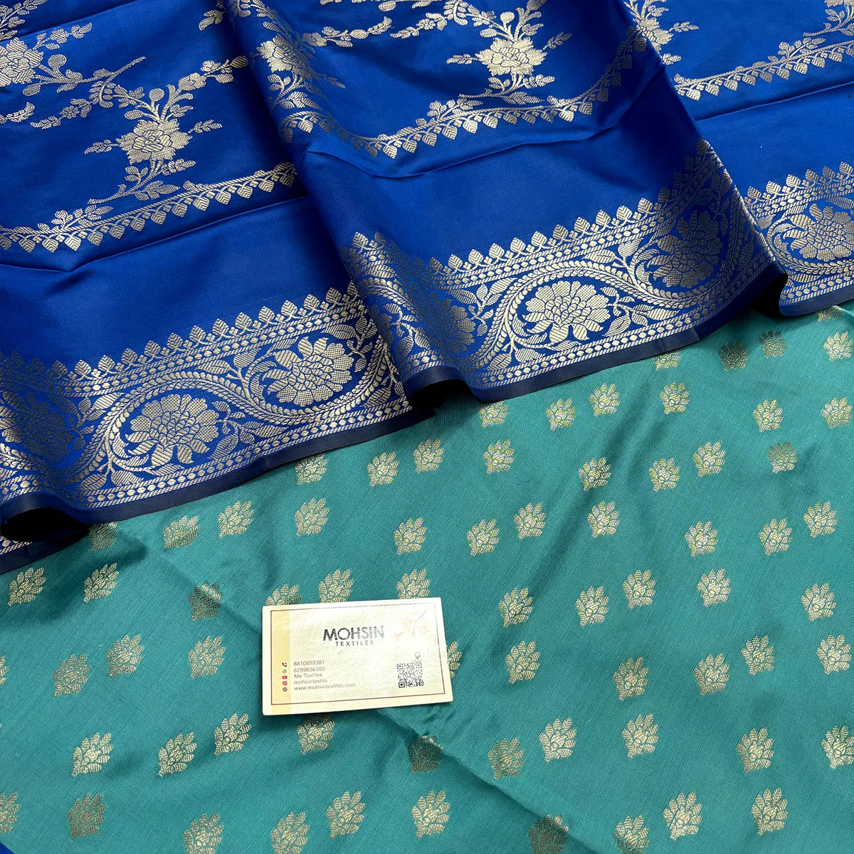 Firozi and Royal Blue Ghat Buti Semi Katan Silk Banarasi Suit