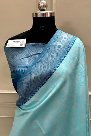 Firozi and Teal Resham Zari Banarasi Silk Saree
