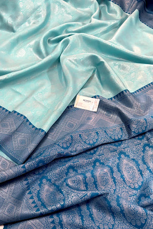 Firozi and Teal Resham Zari Banarasi Silk Saree
