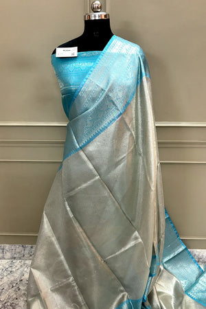 Firozi and White Tissue Silk Banarasi Saree