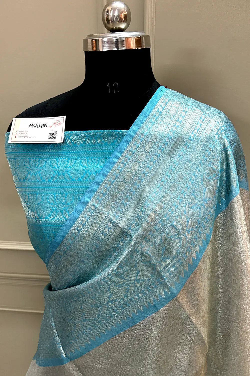 Firozi and White Tissue Silk Banarasi Saree