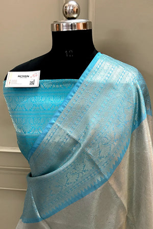 Firozi and White Tissue Silk Banarasi Saree