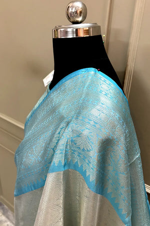 Firozi and White Tissue Silk Banarasi Saree
