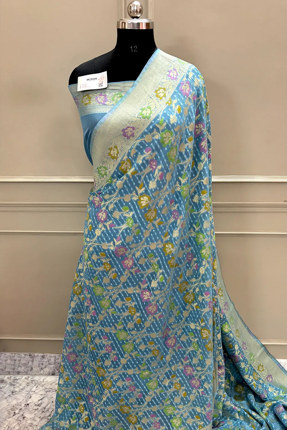 Firozi Bandhej Meena Georgette Silk Banarasi Saree