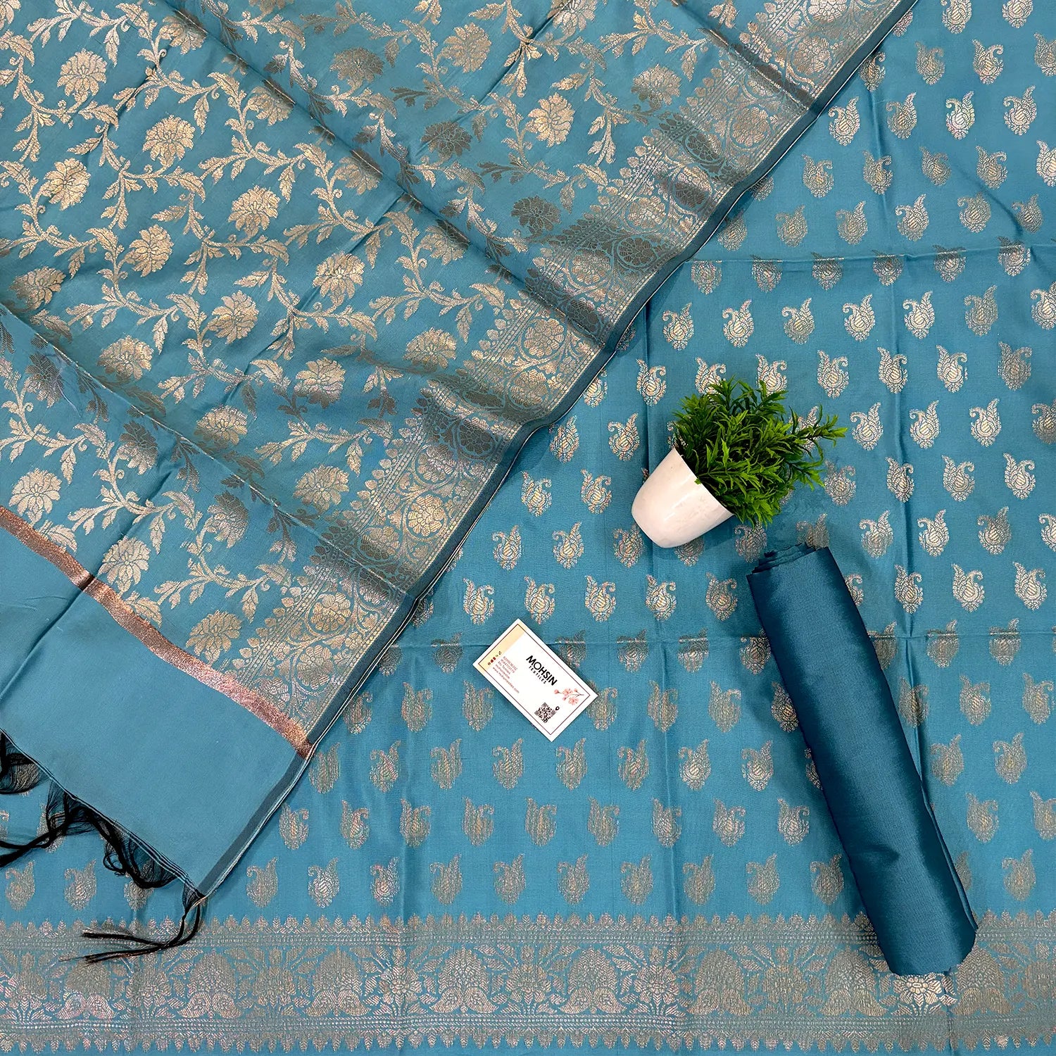 Firozi Chirag Buti Satin Silk Banarasi Suit