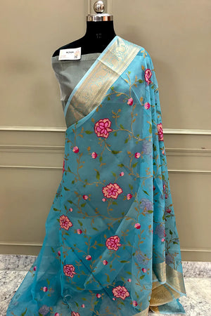 Firozi Embroidery Net Banarasi Saree