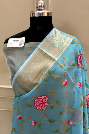 Firozi Embroidery Net Banarasi Saree