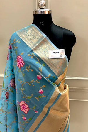 Firozi Embroidery Net Banarasi Saree