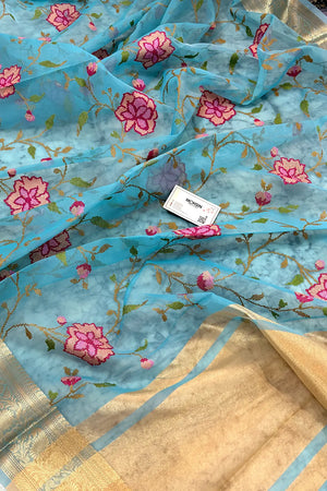 Firozi Embroidery Net Banarasi Saree