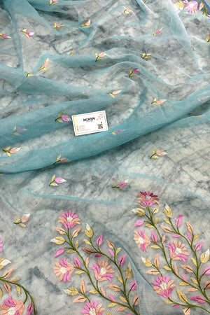 Firozi Embroidery Net Banarasi Saree