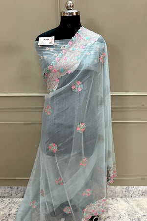 Firozi Embroidery Swarovski Brasso Net Saree