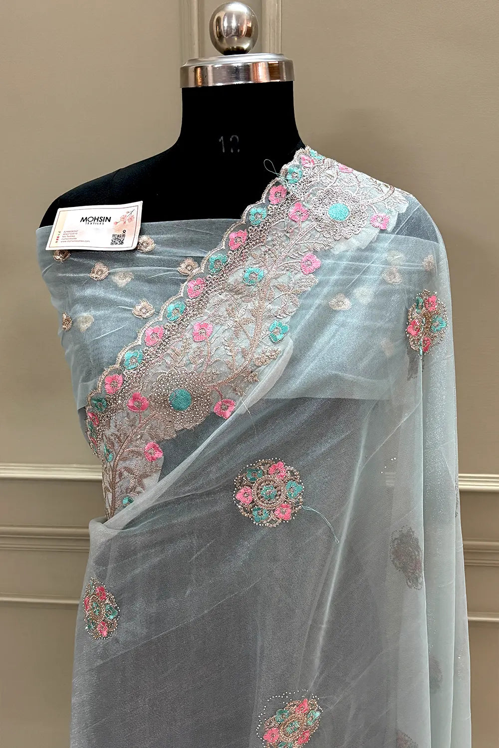 Firozi Embroidery Swarovski Brasso Net Saree