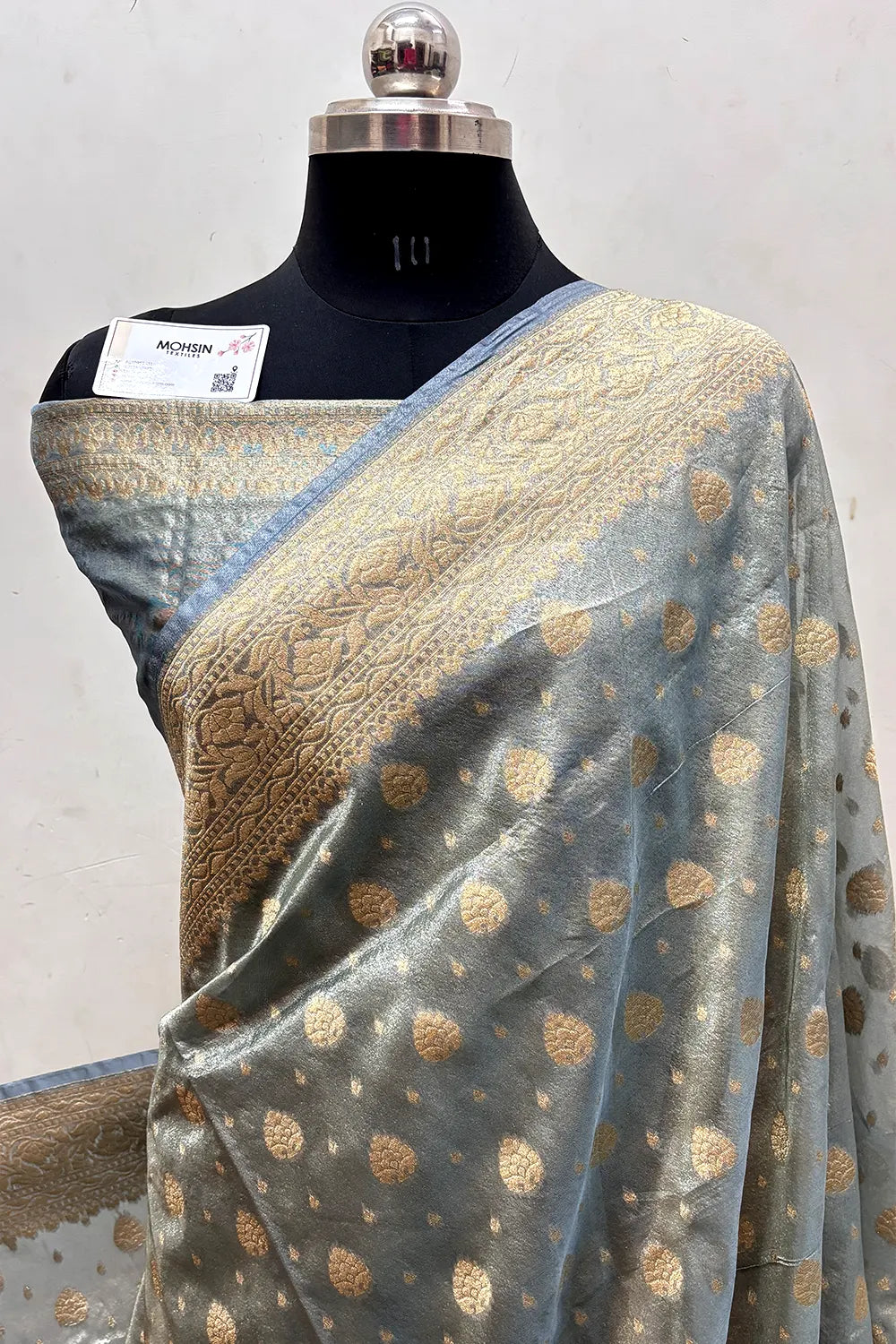 Firozi Grey Tissue Silk Banarasi Saree