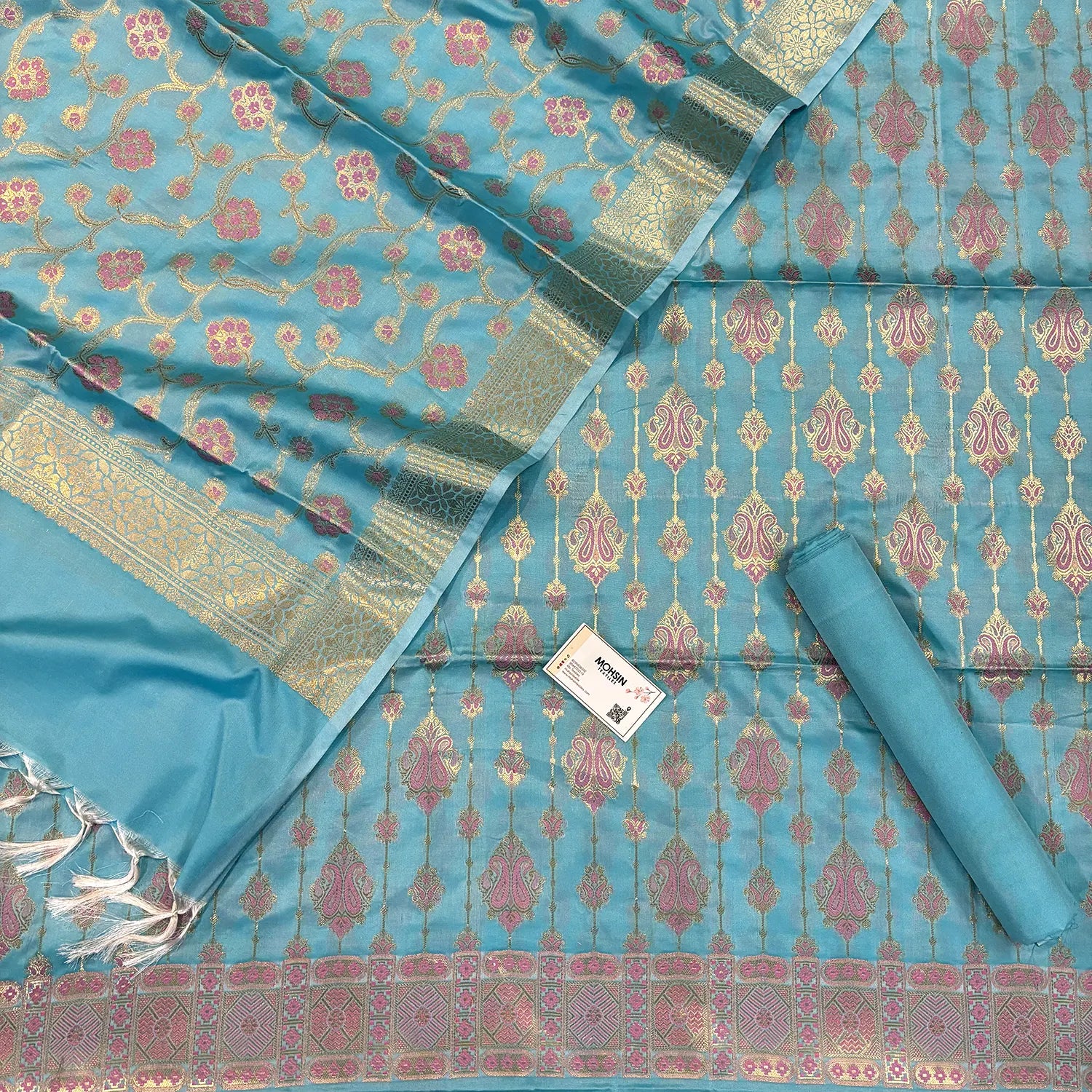 Firozi Pink Meena Katan Silk Banarasi Suit