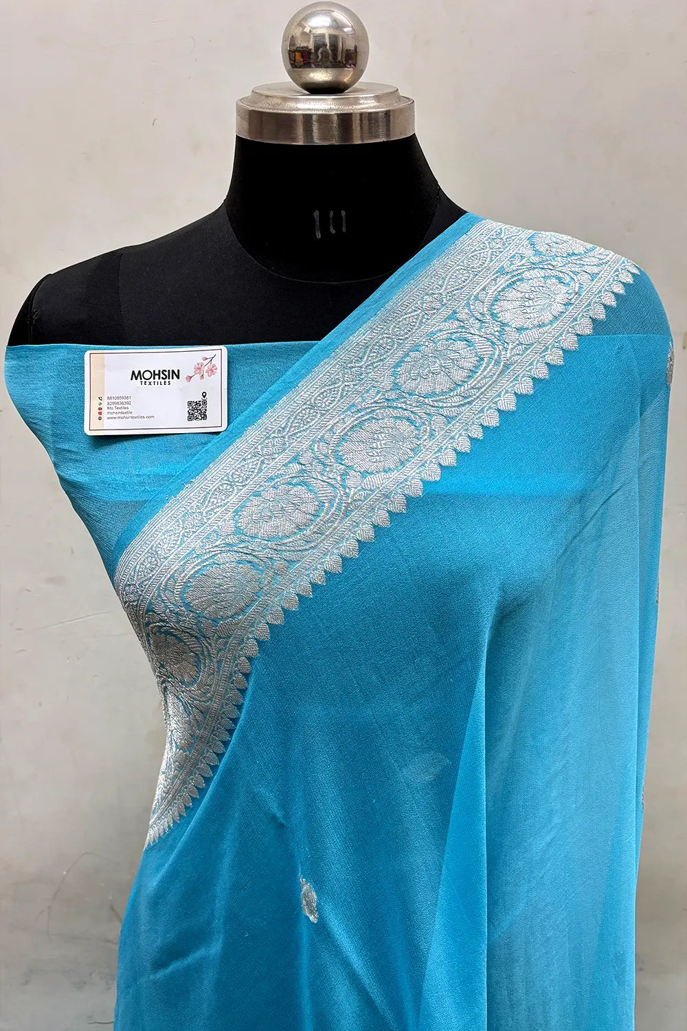 Firozi Pure Khaddi Georgette Silk Banarasi Saree