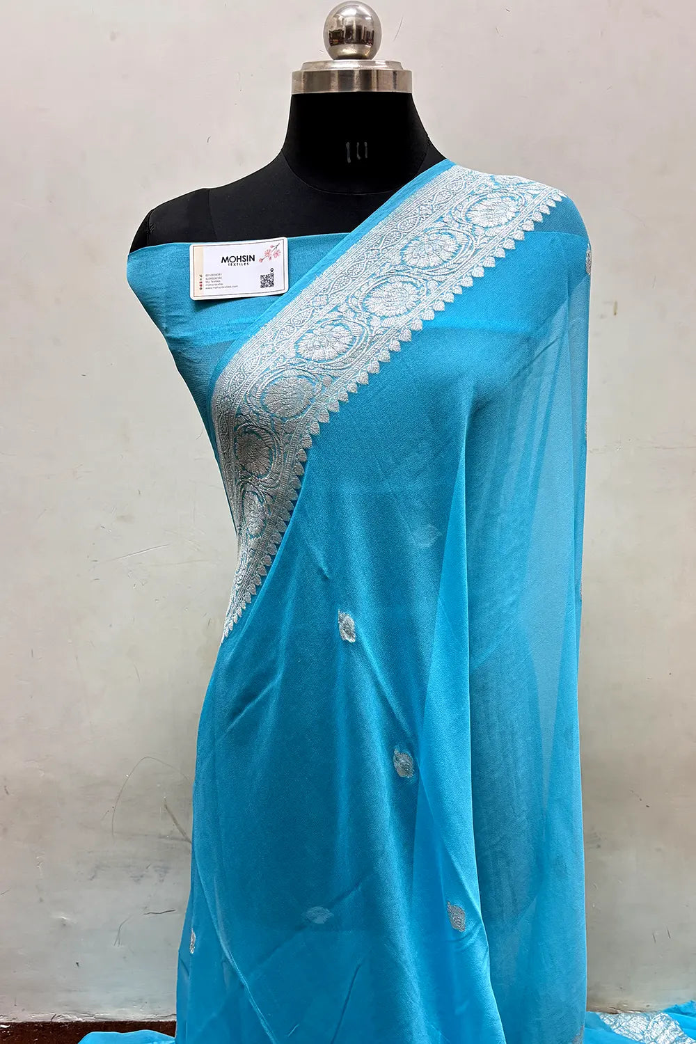 Firozi Pure Khaddi Georgette Silk Banarasi Saree