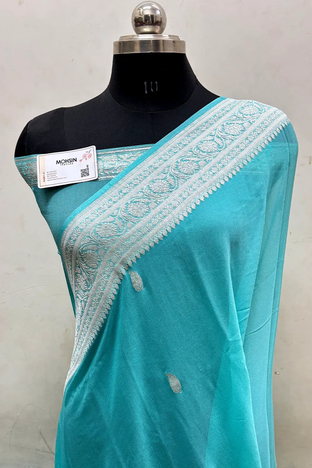 Firozi Pure Khaddi Georgette Silk Banarasi Saree