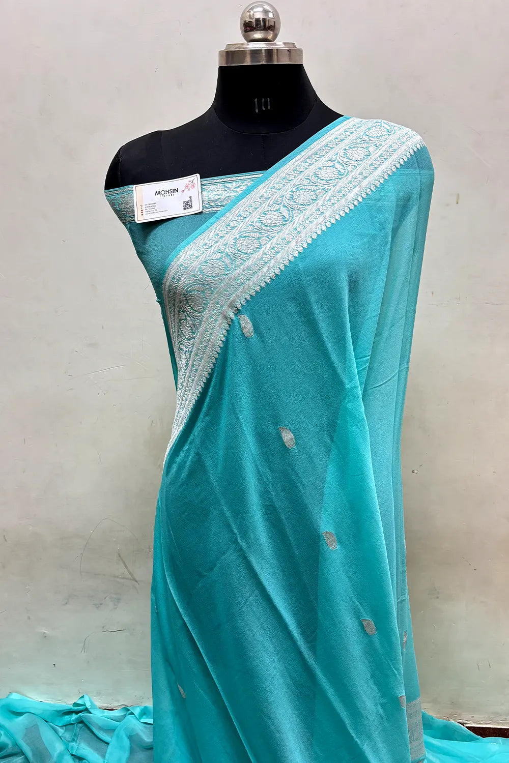 Firozi Pure Khaddi Georgette Silk Banarasi Saree