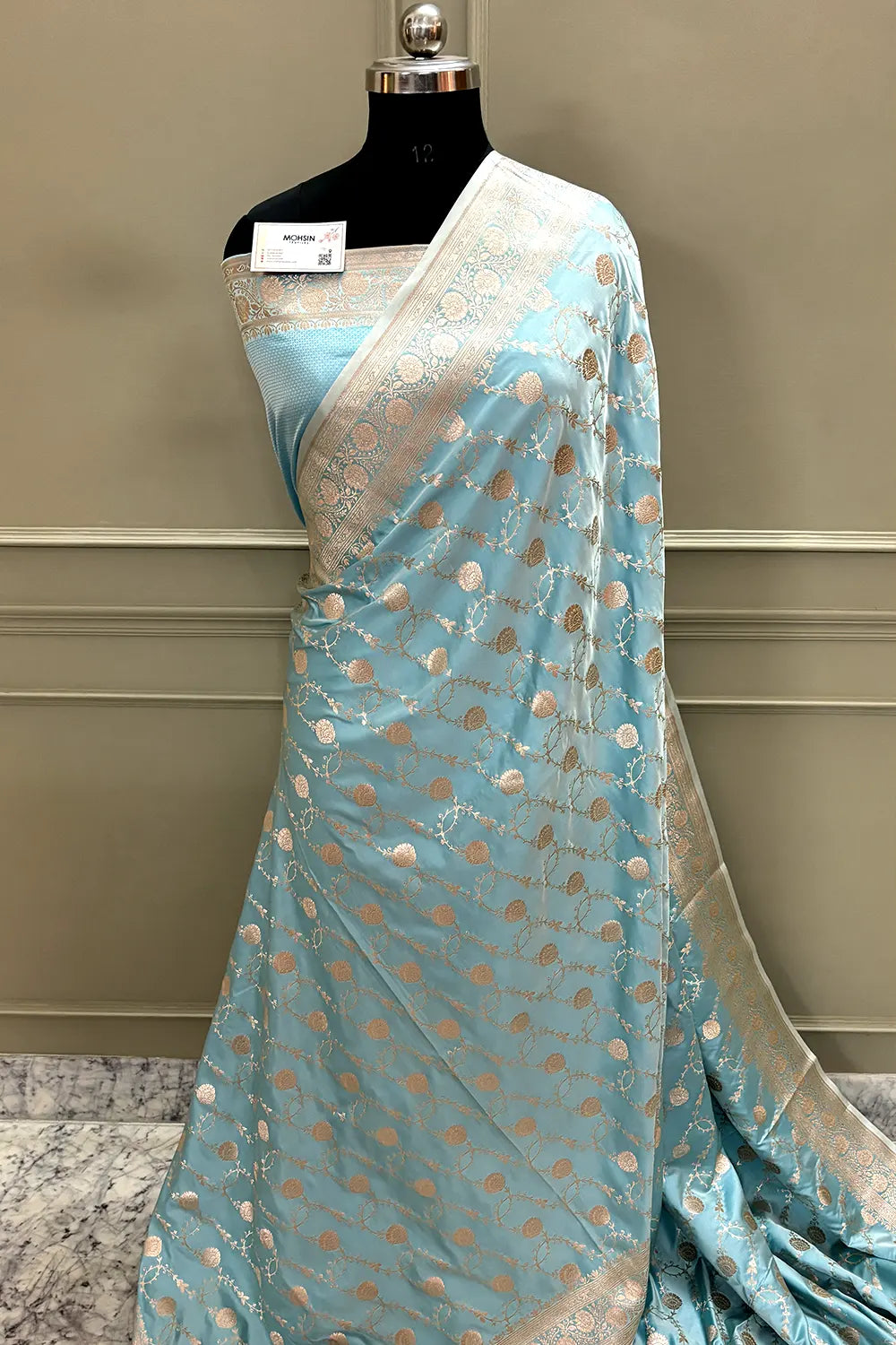 Firozi Ropeway Jaal Katan Silk Banarasi Saree