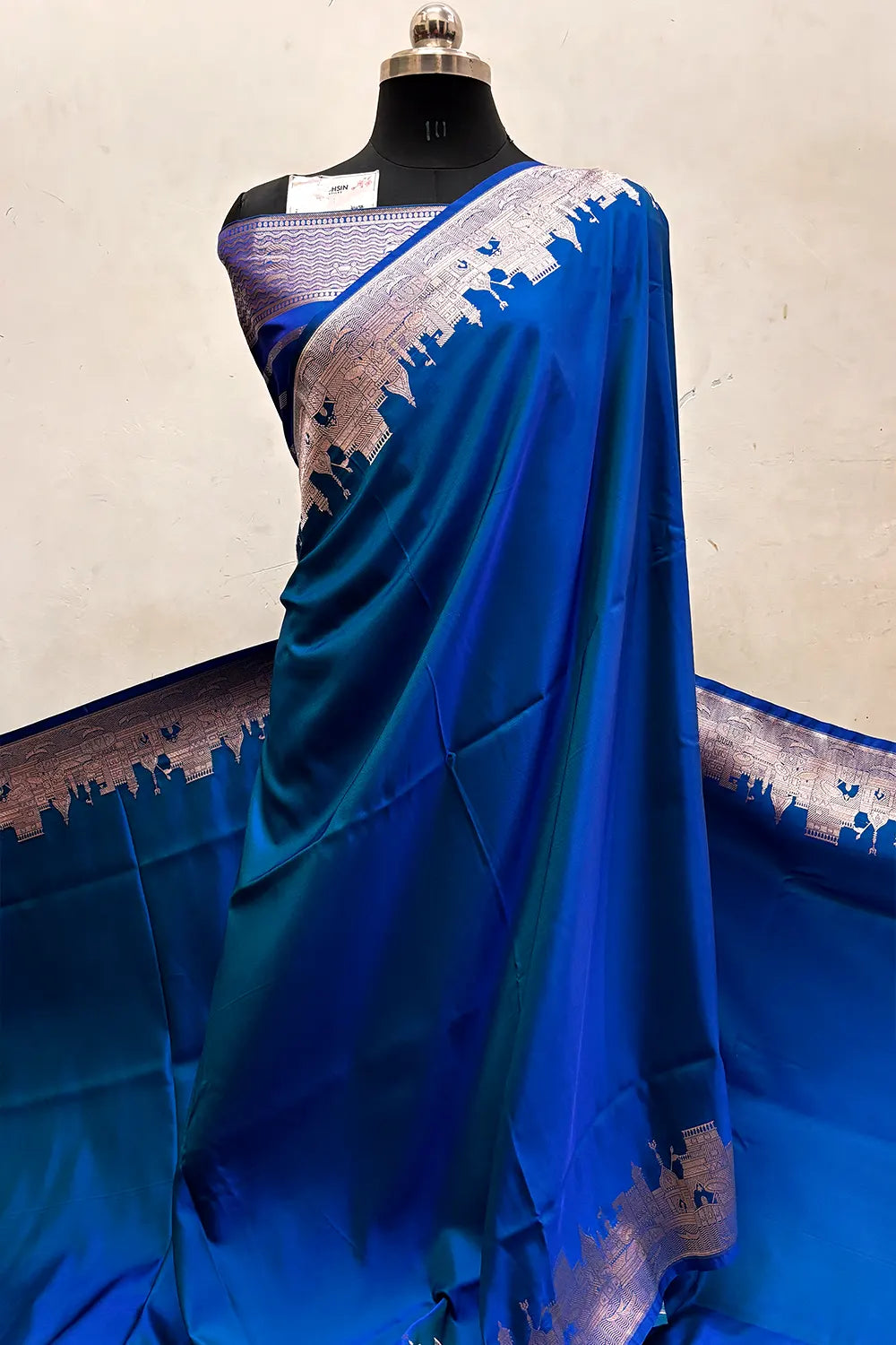 Firozi Teal Plain Ghat Katan Silk Banarasi Saree
