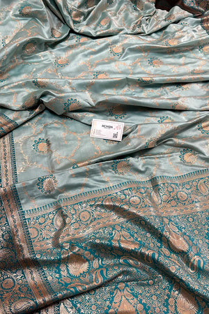 Teal Zari Katan Silk Banarasi Saree