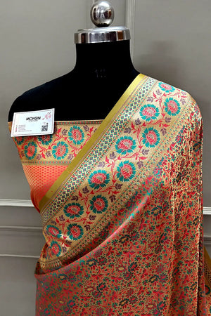 Gold and Peach Jungli Jaal Katan Silk Banarasi Saree