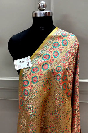 Gold and Peach Jungli Jaal Katan Silk Banarasi Saree